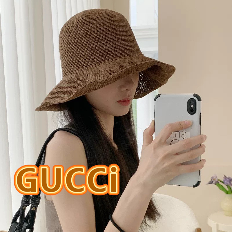   Gucci夏细勾针遮阳帽纯手工细草渔夫帽夏季仙女出游圆顶草帽防晒遮阳帽