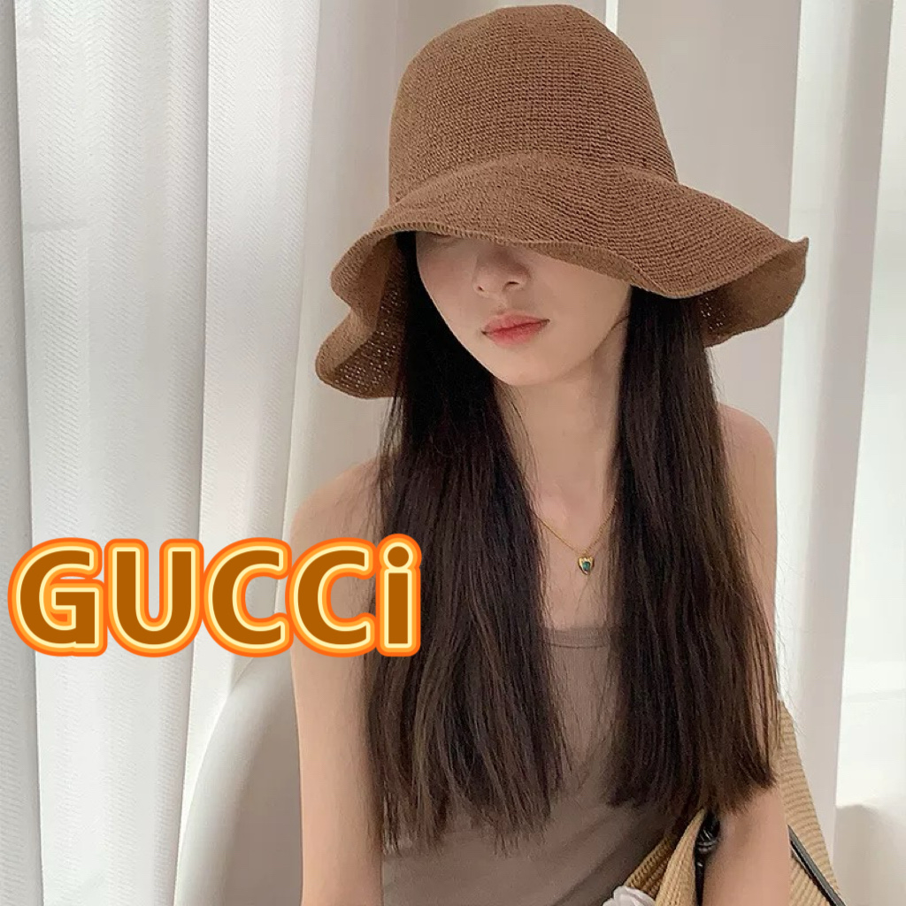   Gucci夏细勾针遮阳帽纯手工细草渔夫帽夏季仙女出游圆顶草帽防晒遮阳帽