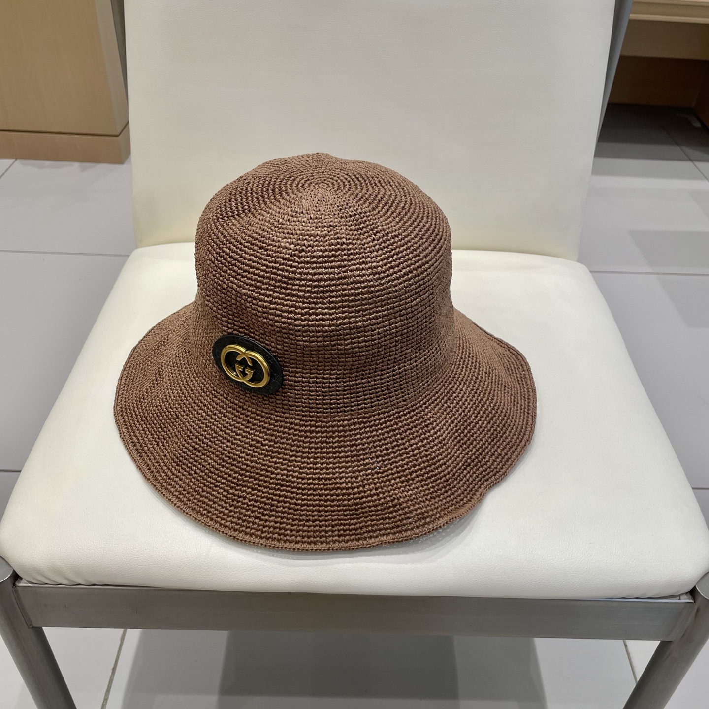   Gucci夏细勾针遮阳帽纯手工细草渔夫帽夏季仙女出游圆顶草帽防晒遮阳帽