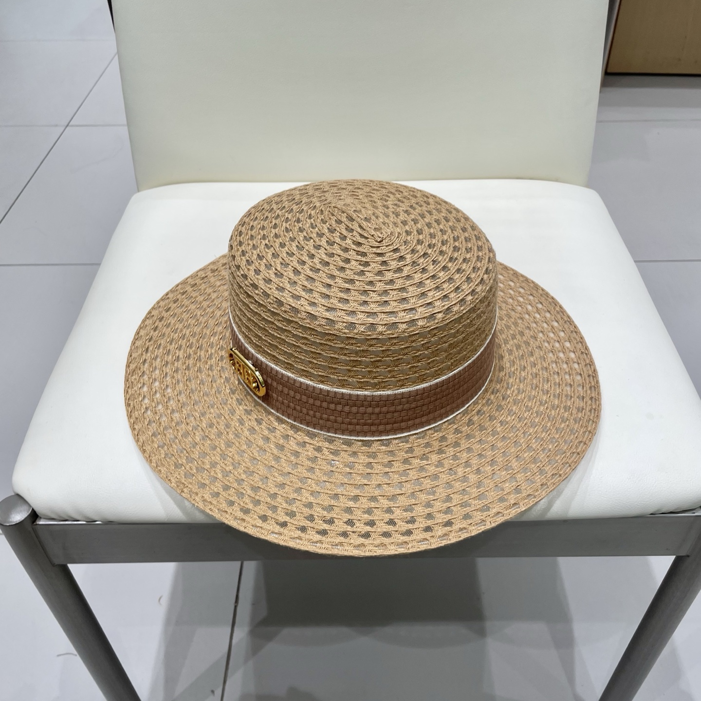  巴黎世家平顶礼帽，遮阳镂空草帽，头围57cm