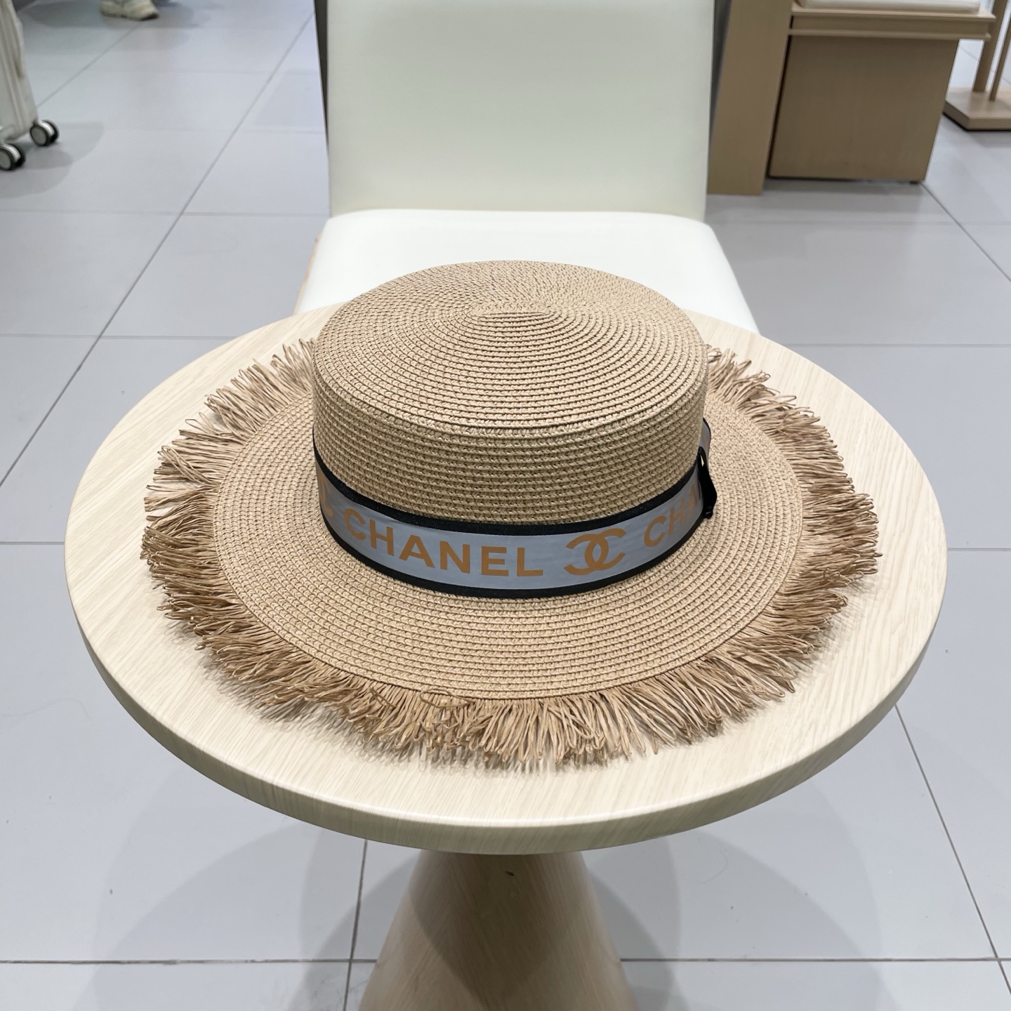  Chanel香奈儿平顶礼帽，草帽，麻纱配饰，高端订制，头围57cm