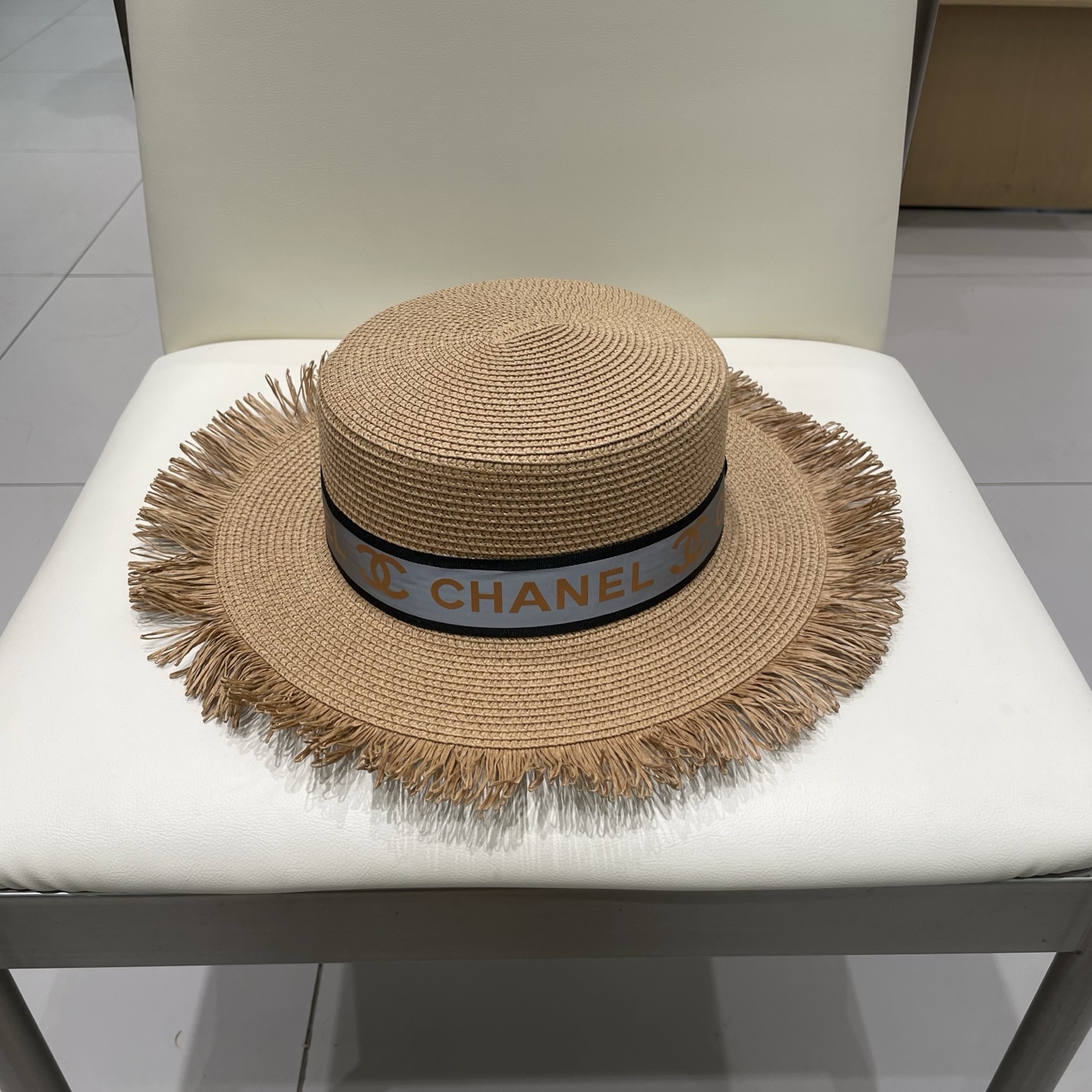  Chanel香奈儿平顶礼帽，草帽，麻纱配饰，高端订制，头围57cm