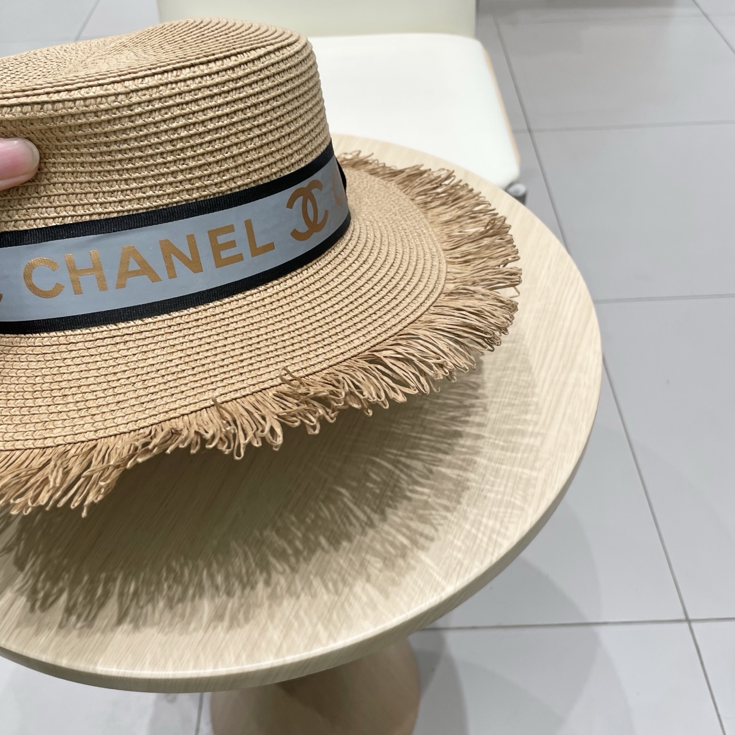  Chanel香奈儿平顶礼帽，草帽，麻纱配饰，高端订制，头围57cm