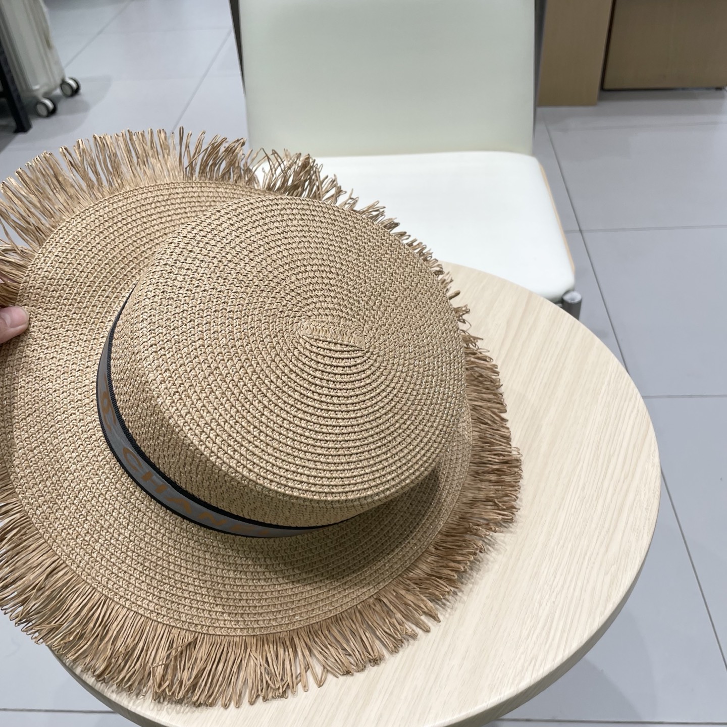  Chanel香奈儿平顶礼帽，草帽，麻纱配饰，高端订制，头围57cm