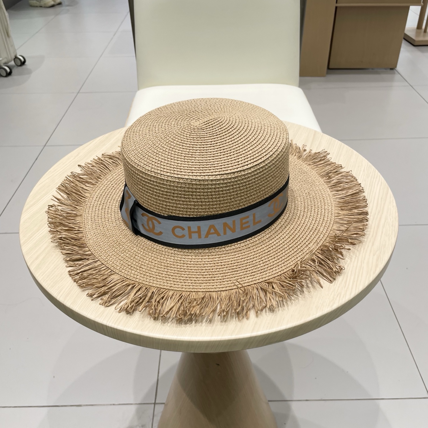  Chanel香奈儿平顶礼帽，草帽，麻纱配饰，高端订制，头围57cm
