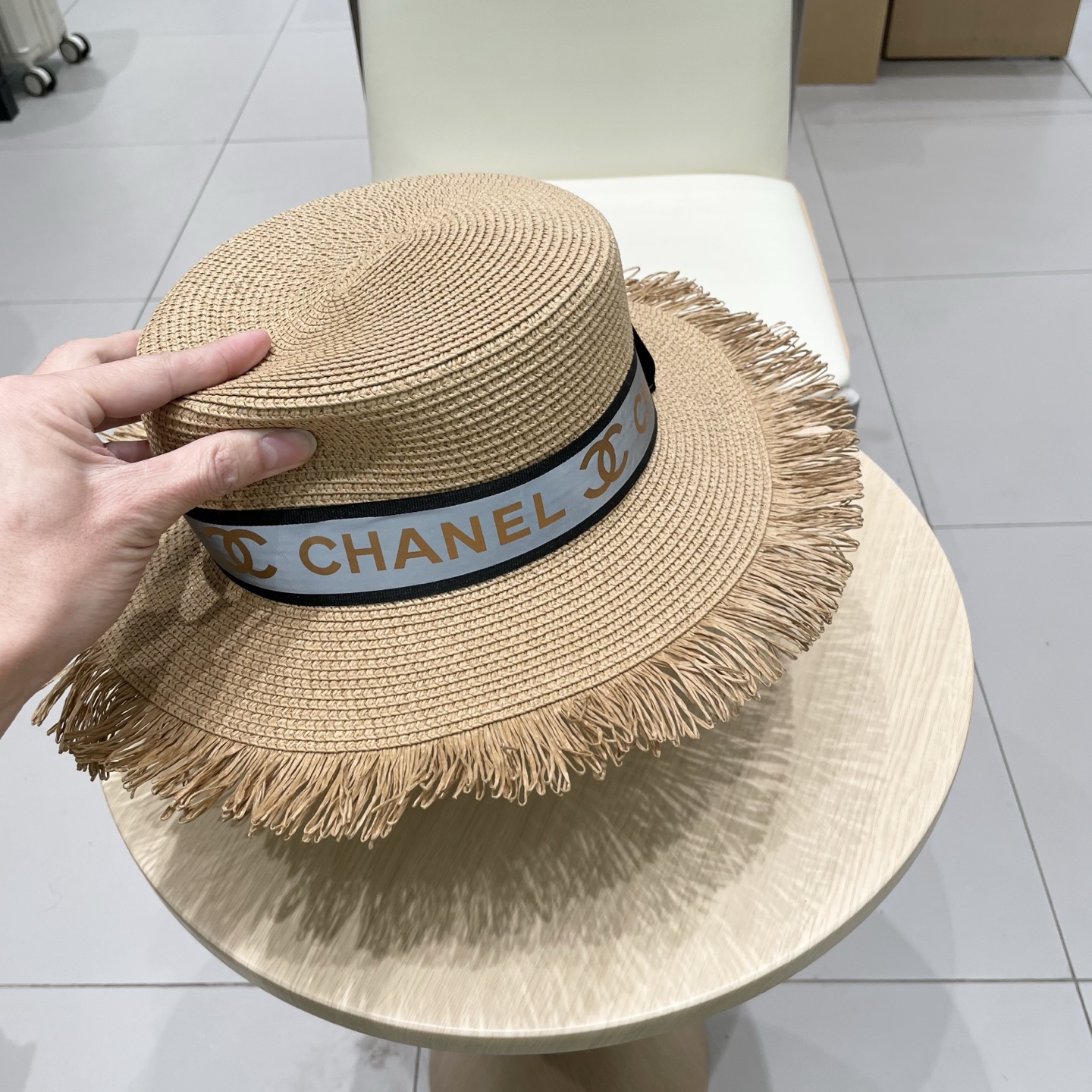  Chanel香奈儿平顶礼帽，草帽，麻纱配饰，高端订制，头围57cm