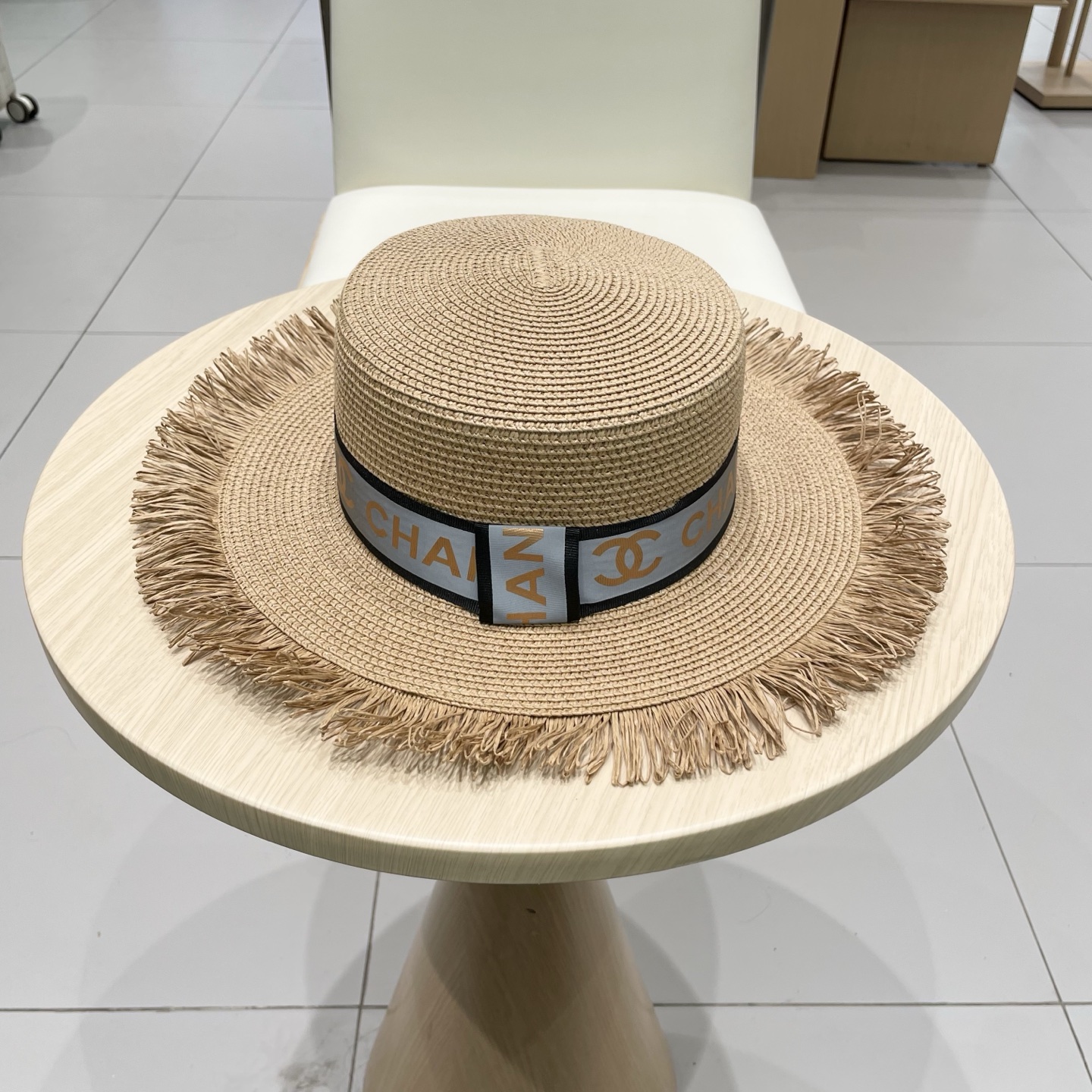  Chanel香奈儿平顶礼帽，草帽，麻纱配饰，高端订制，头围57cm