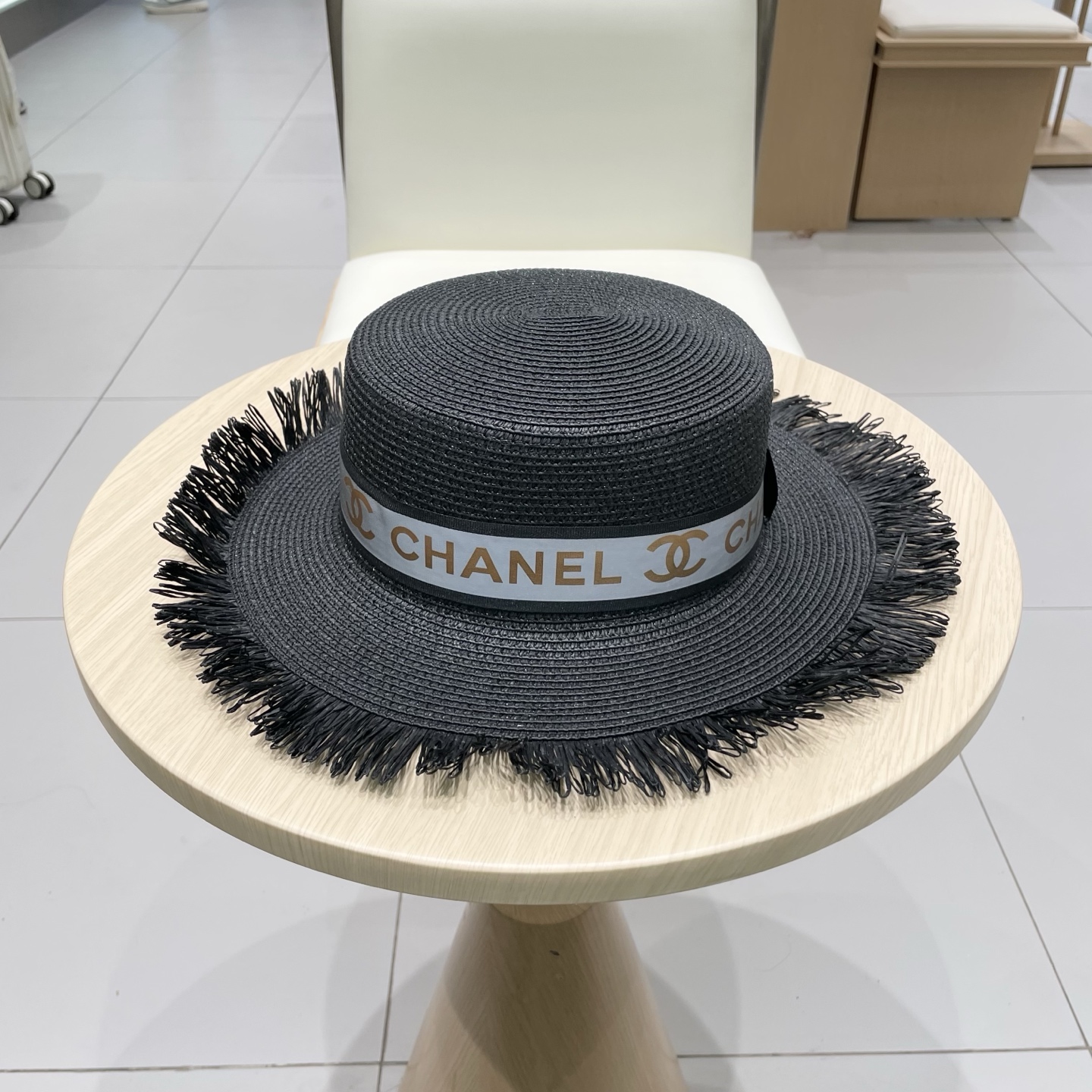  Chanel香奈儿平顶礼帽，草帽，麻纱配饰，高端订制，头围57cm