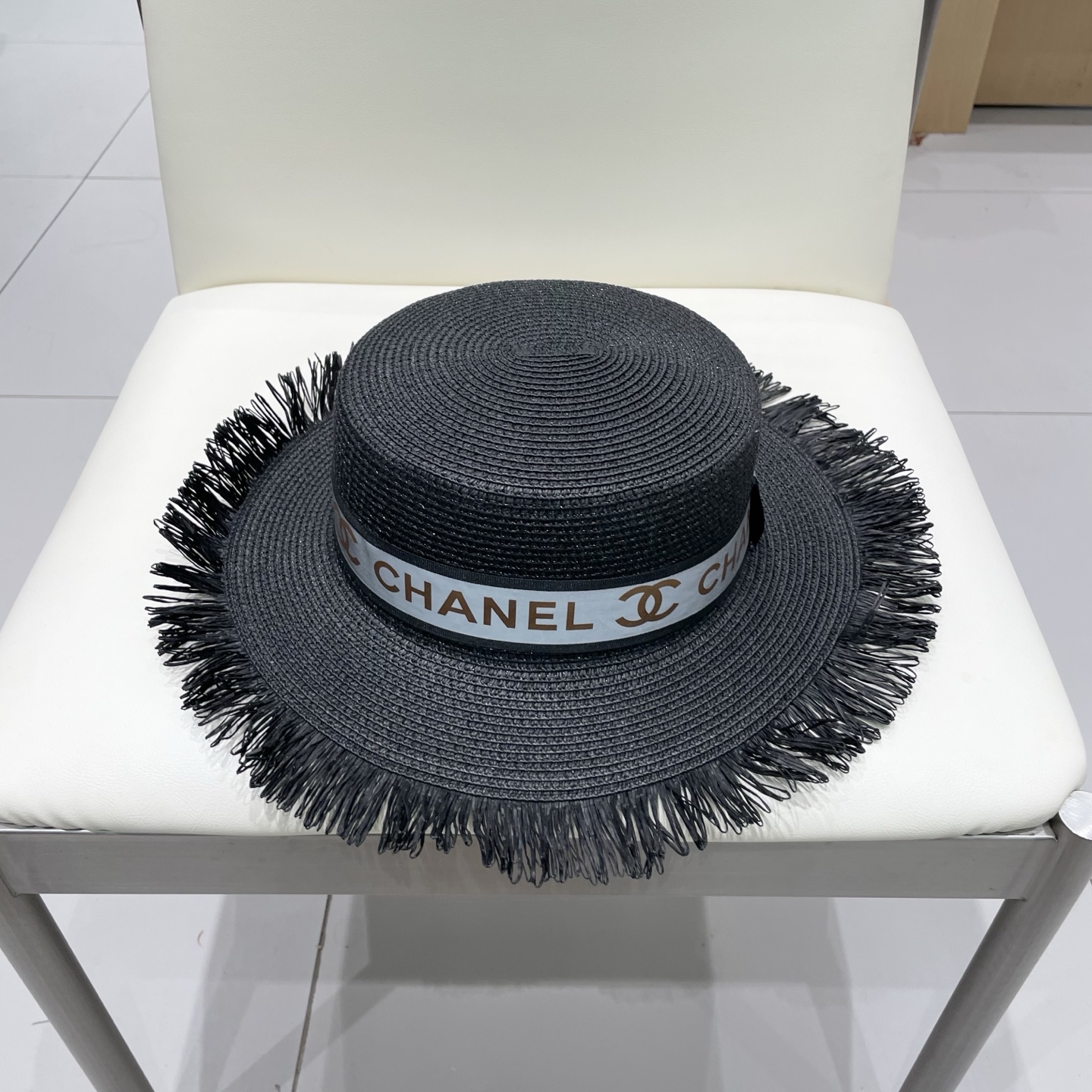  Chanel香奈儿平顶礼帽，草帽，麻纱配饰，高端订制，头围57cm