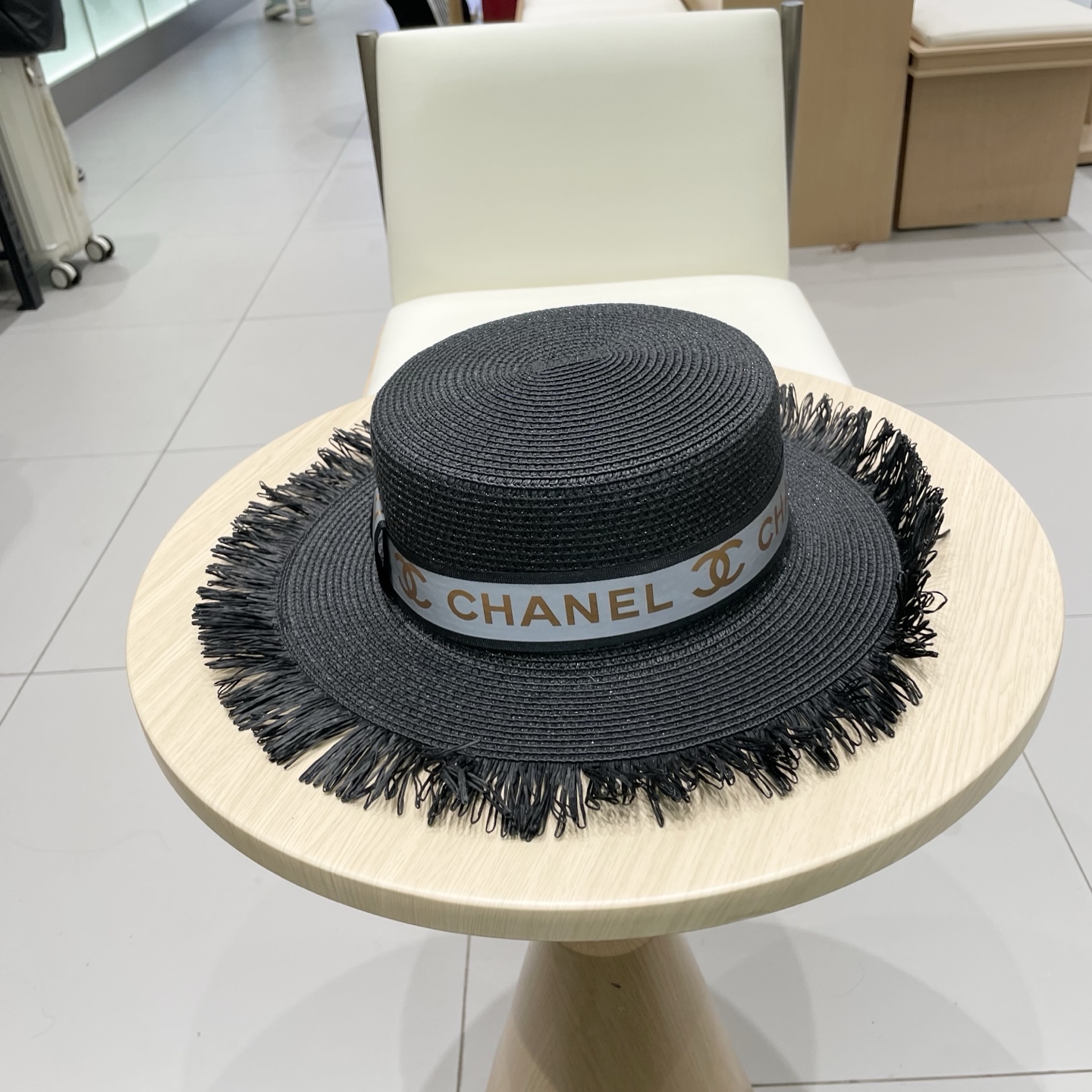  Chanel香奈儿平顶礼帽，草帽，麻纱配饰，高端订制，头围57cm