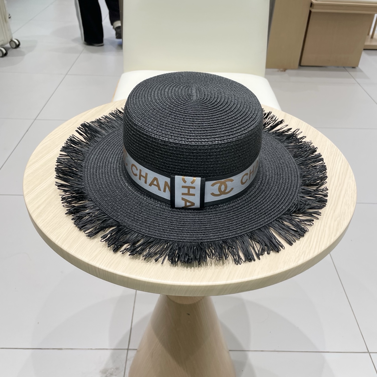  Chanel香奈儿平顶礼帽，草帽，麻纱配饰，高端订制，头围57cm