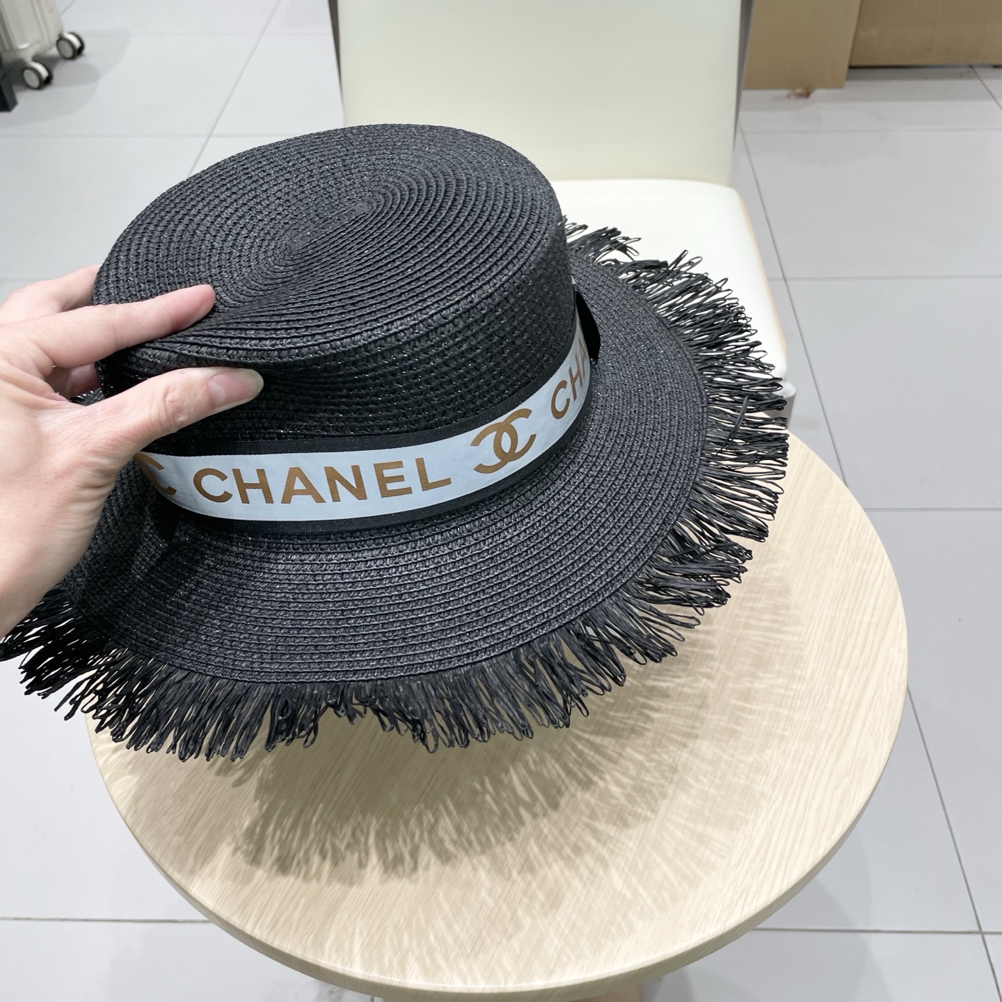  Chanel香奈儿平顶礼帽，草帽，麻纱配饰，高端订制，头围57cm