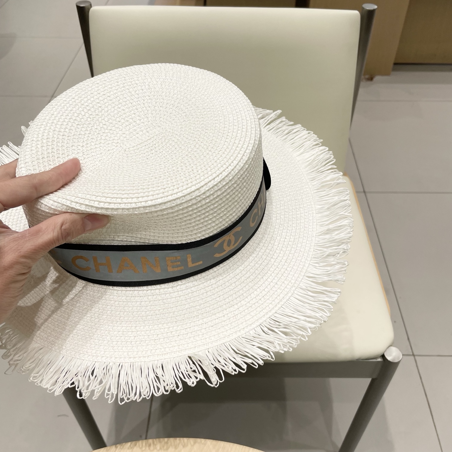  Chanel香奈儿平顶礼帽，草帽，麻纱配饰，高端订制，头围57cm