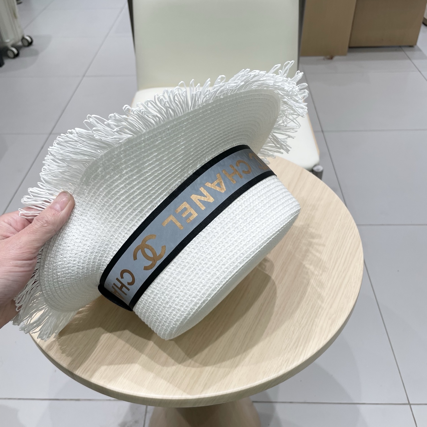  Chanel香奈儿平顶礼帽，草帽，麻纱配饰，高端订制，头围57cm