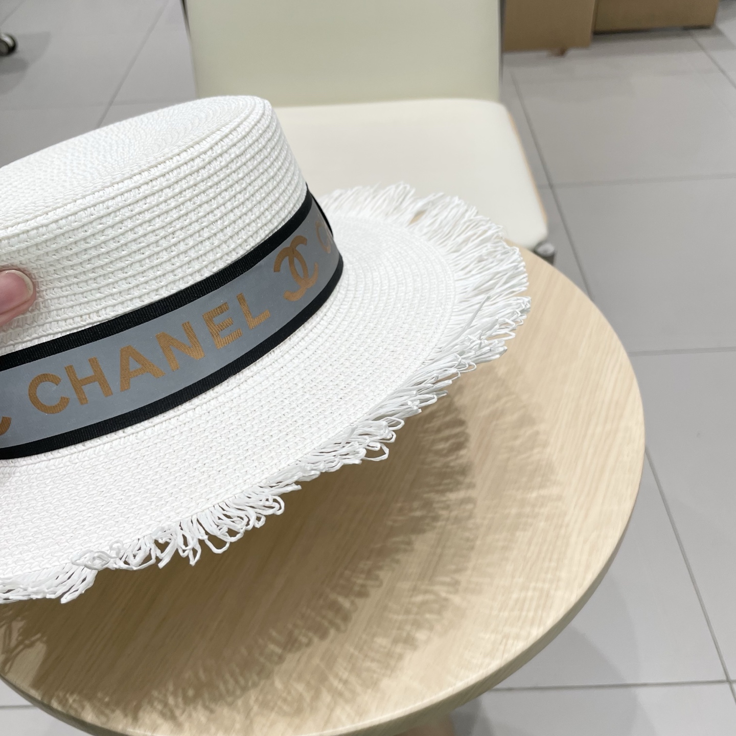  Chanel香奈儿平顶礼帽，草帽，麻纱配饰，高端订制，头围57cm