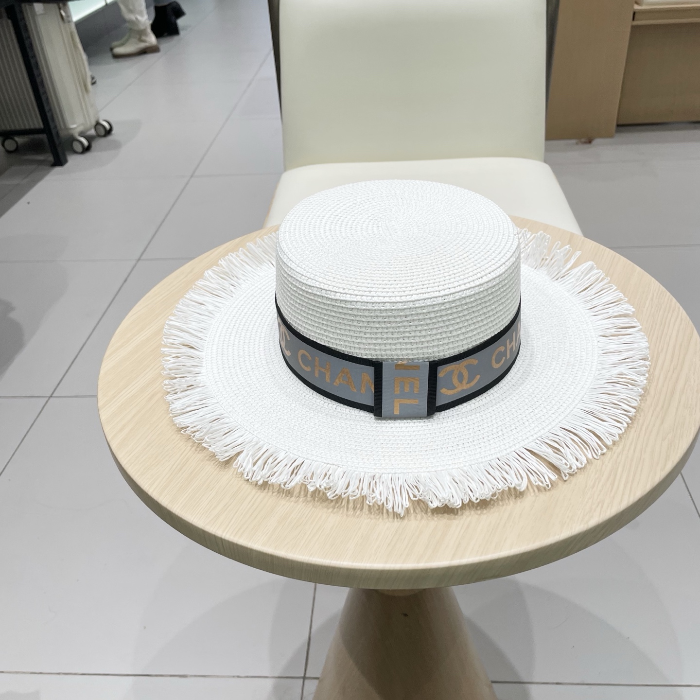  Chanel香奈儿平顶礼帽，草帽，麻纱配饰，高端订制，头围57cm