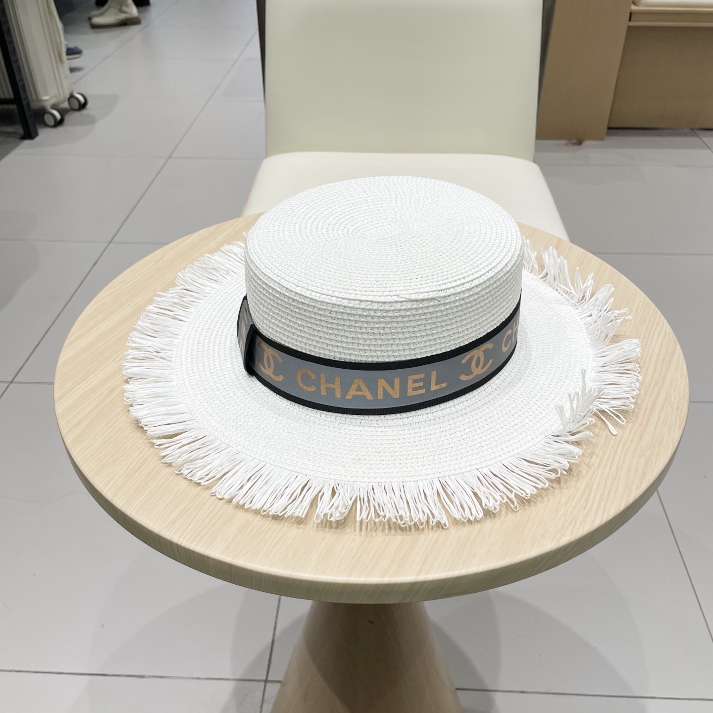  Chanel香奈儿平顶礼帽，草帽，麻纱配饰，高端订制，头围57cm