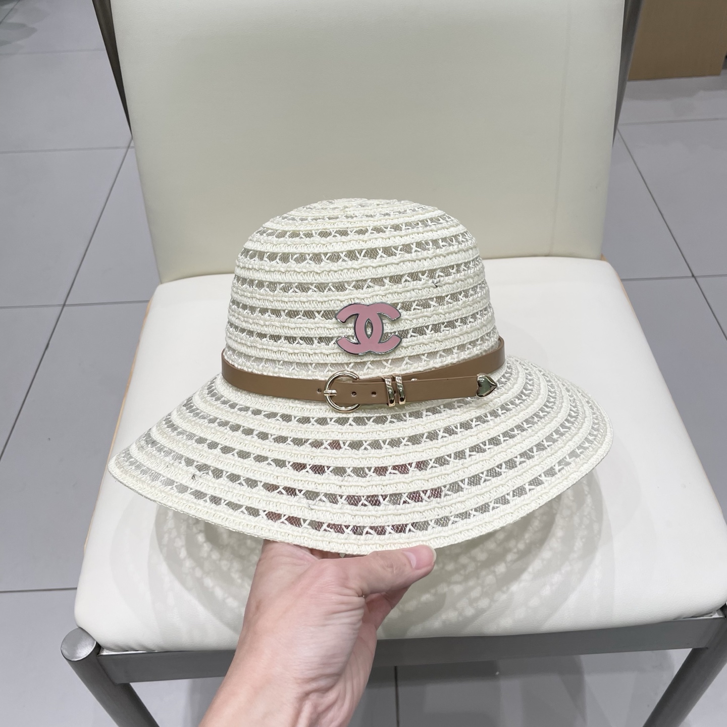  Chanel香奈儿圆顶镂空礼帽，草帽，超重工定制，头围57cm