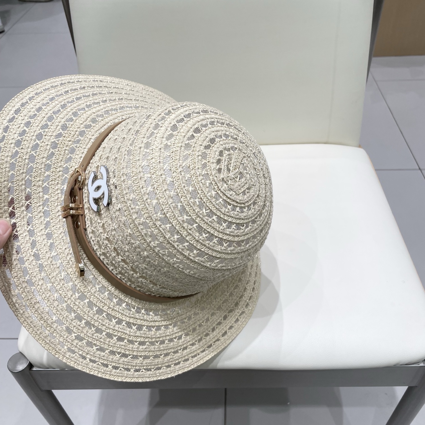  Chanel香奈儿圆顶镂空礼帽，草帽，超重工定制，头围57cm