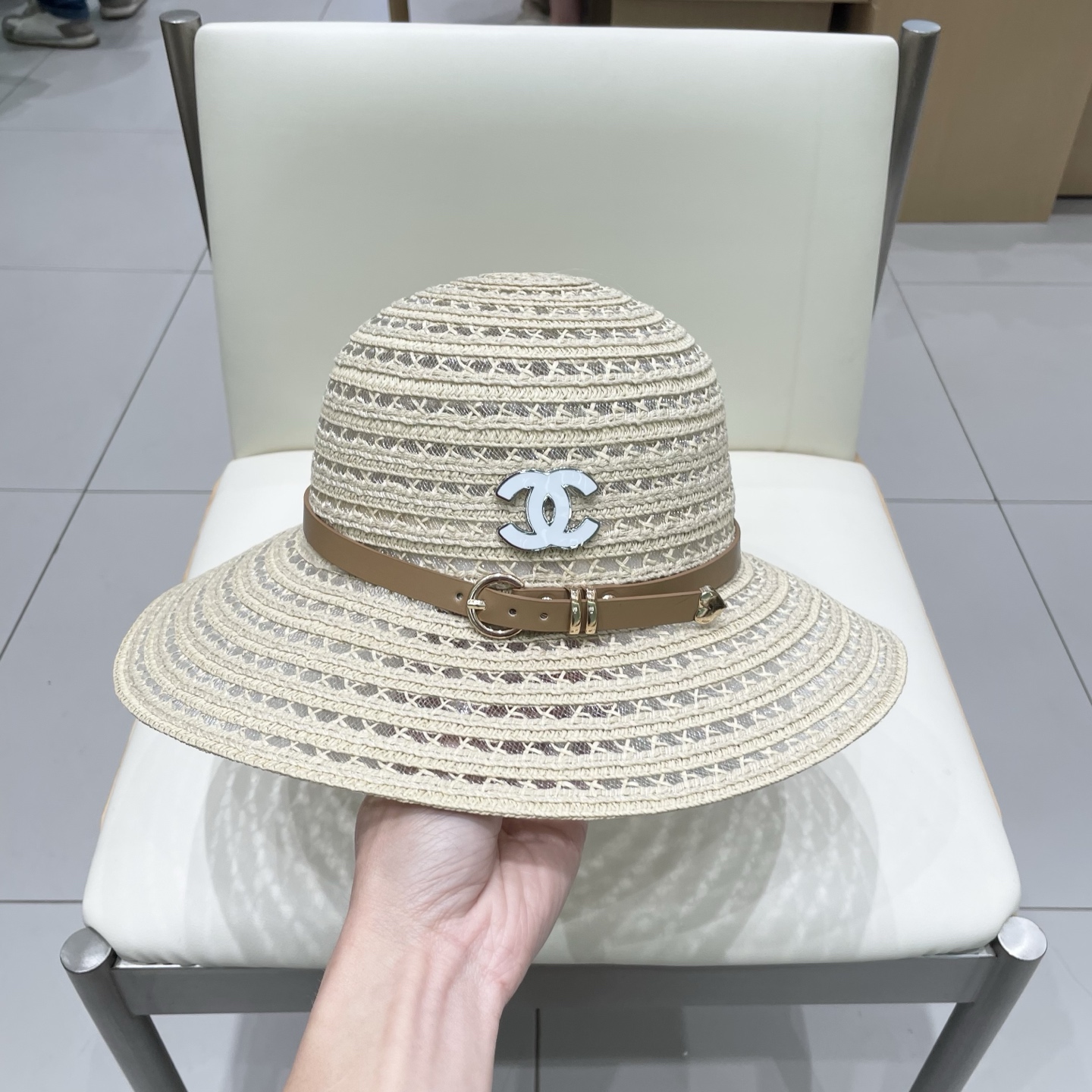  Chanel香奈儿圆顶镂空礼帽，草帽，超重工定制，头围57cm