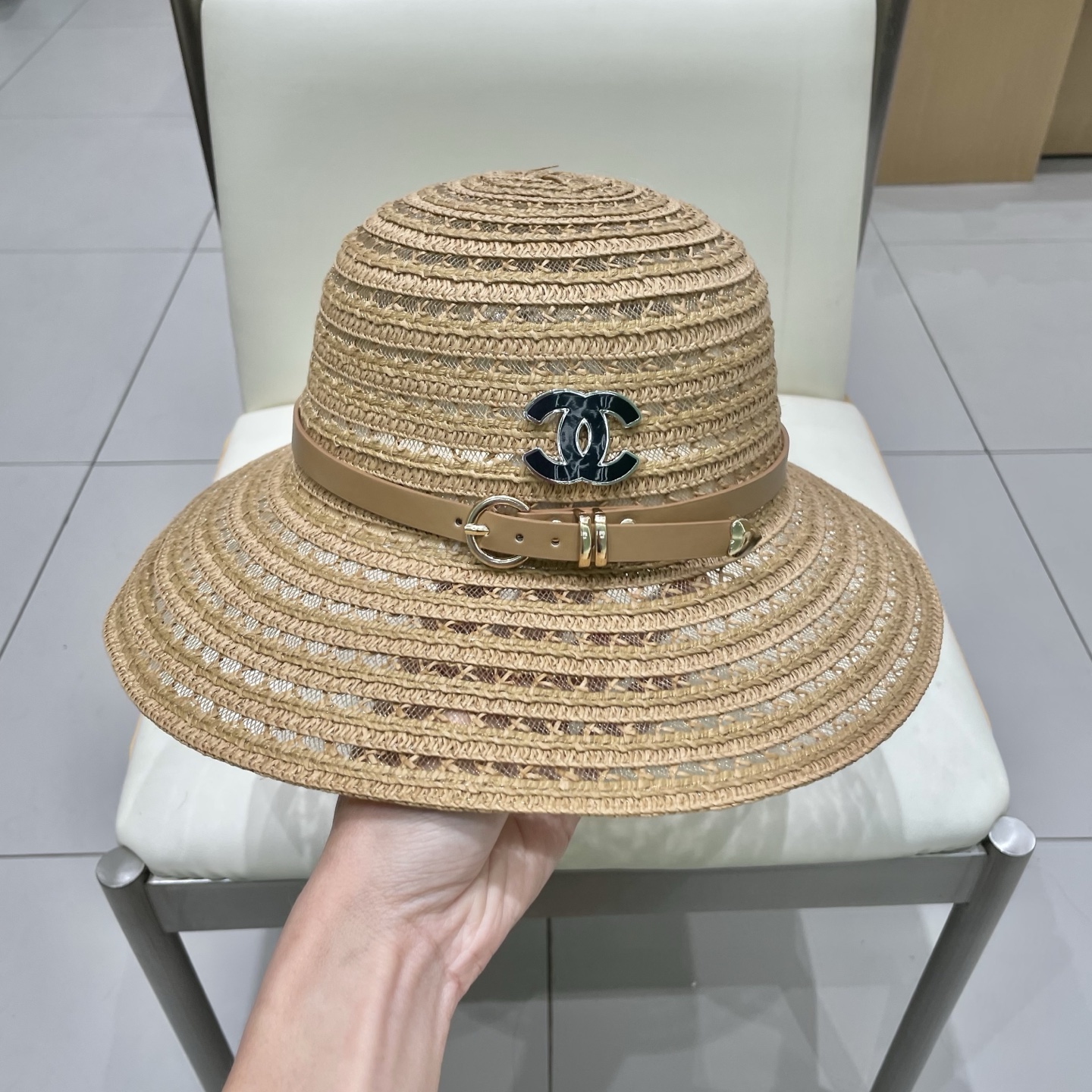  Chanel香奈儿圆顶镂空礼帽，草帽，超重工定制，头围57cm