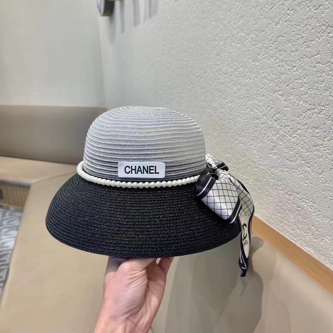  Chanel香奈儿名媛风草帽，进口PP草，搭配欧根纱蝴蝶结，头围57cm