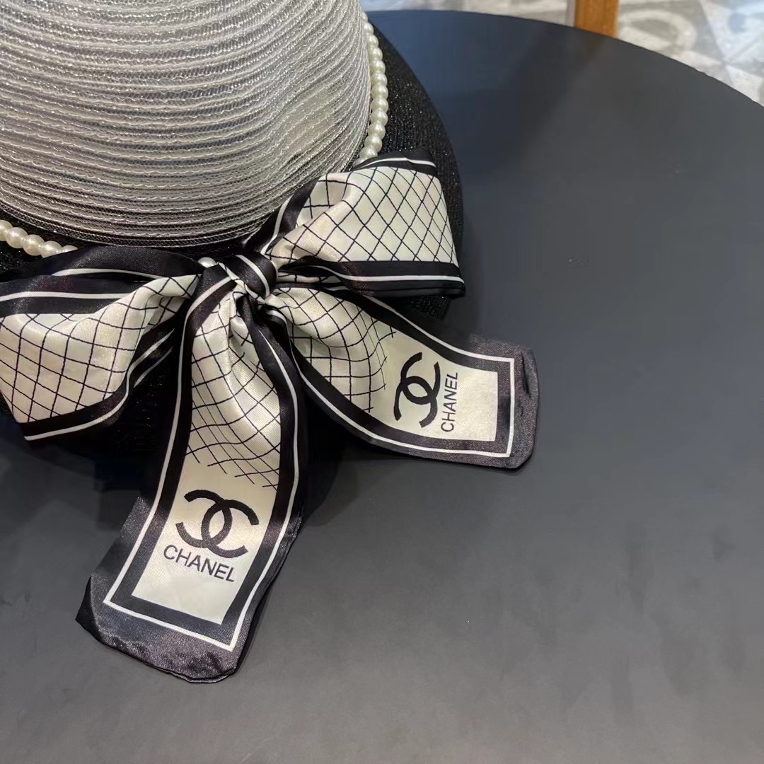  Chanel香奈儿名媛风草帽，进口PP草，搭配欧根纱蝴蝶结，头围57cm