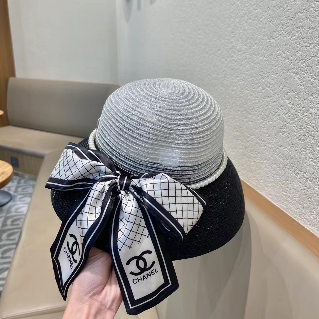  Chanel香奈儿名媛风草帽，进口PP草，搭配欧根纱蝴蝶结，头围57cm