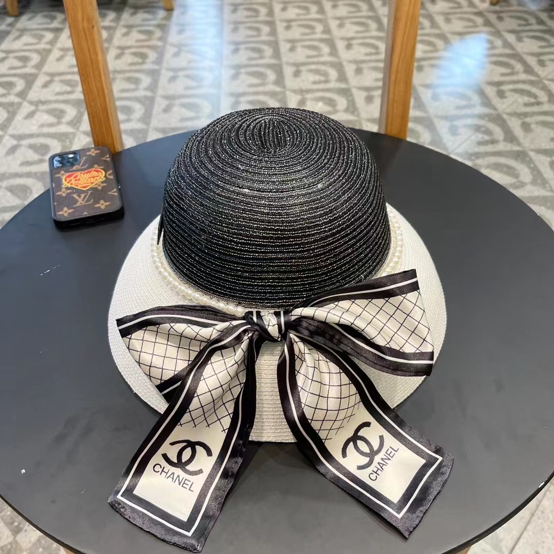  Chanel香奈儿名媛风草帽，进口PP草，搭配欧根纱蝴蝶结，头围57cm