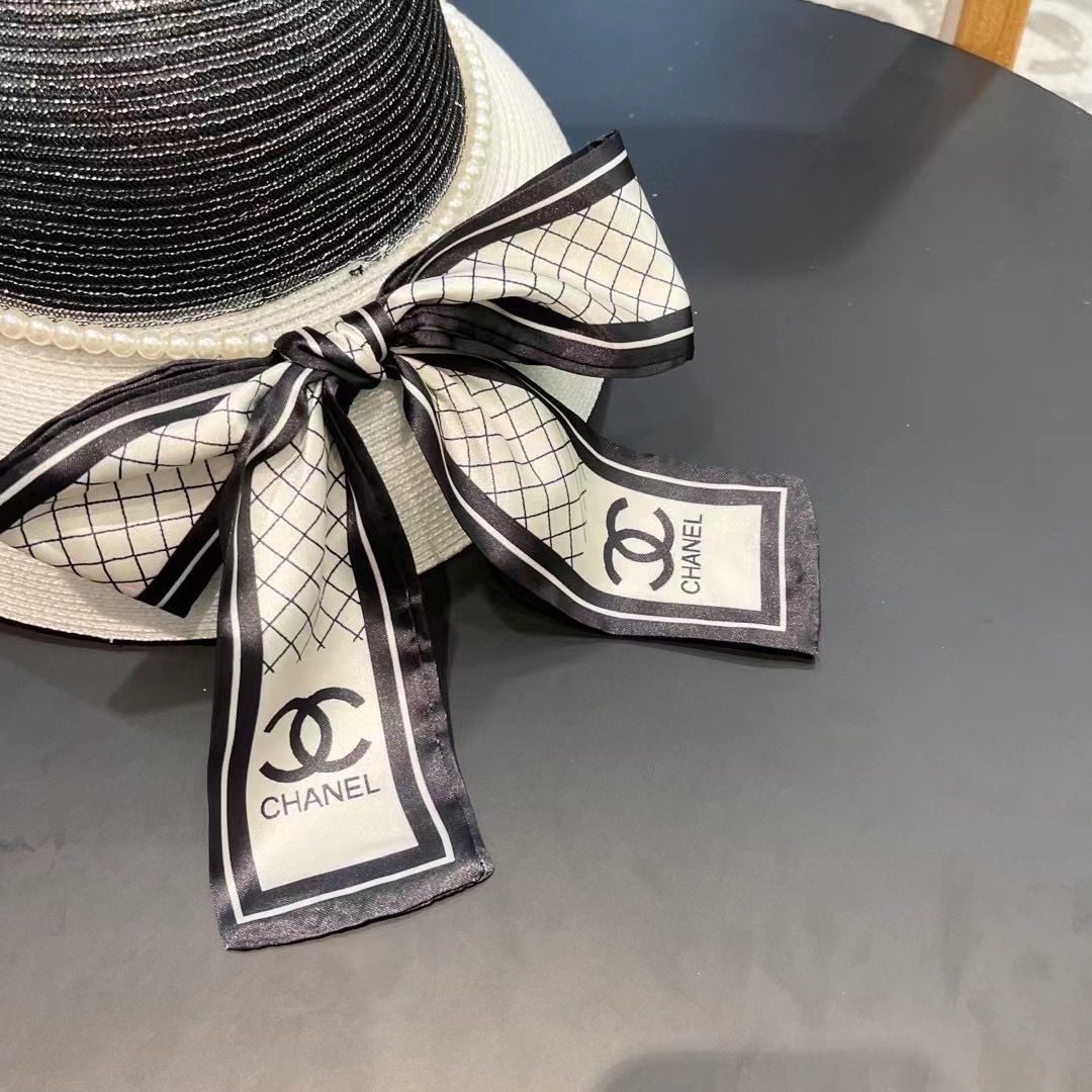  Chanel香奈儿名媛风草帽，进口PP草，搭配欧根纱蝴蝶结，头围57cm