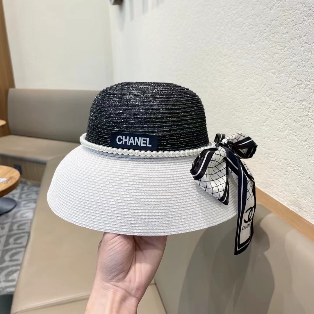  Chanel香奈儿名媛风草帽，进口PP草，搭配欧根纱蝴蝶结，头围57cm
