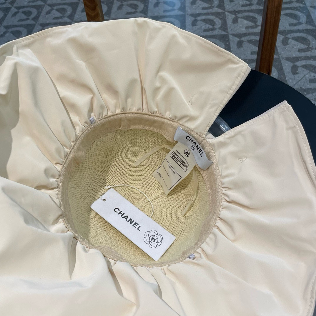  Chanel 夏季黑胶蝴蝶结遮阳帽女镂空草帽防紫外线大檐遮脸防晒太阳渔夫帽