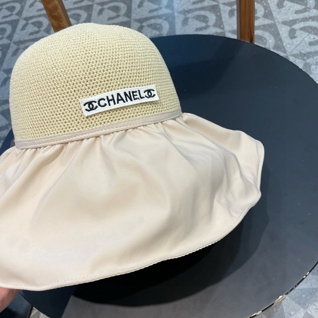  Chanel 夏季黑胶蝴蝶结遮阳帽女镂空草帽防紫外线大檐遮脸防晒太阳渔夫帽