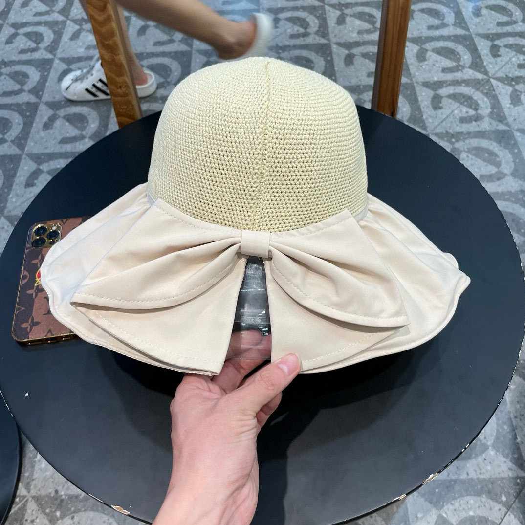  Chanel 夏季黑胶蝴蝶结遮阳帽女镂空草帽防紫外线大檐遮脸防晒太阳渔夫帽