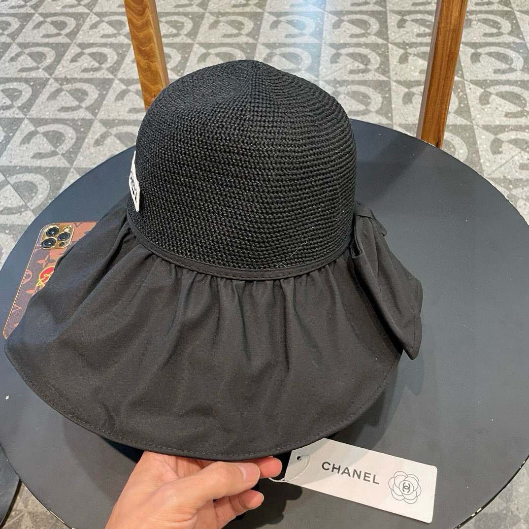  Chanel 夏季黑胶蝴蝶结遮阳帽女镂空草帽防紫外线大檐遮脸防晒太阳渔夫帽