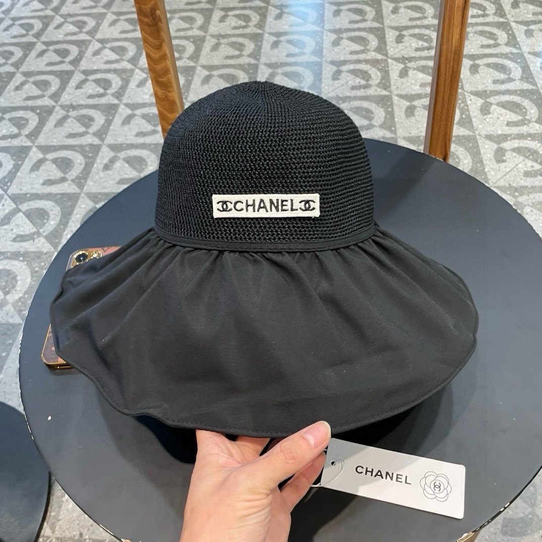  Chanel 夏季黑胶蝴蝶结遮阳帽女镂空草帽防紫外线大檐遮脸防晒太阳渔夫帽