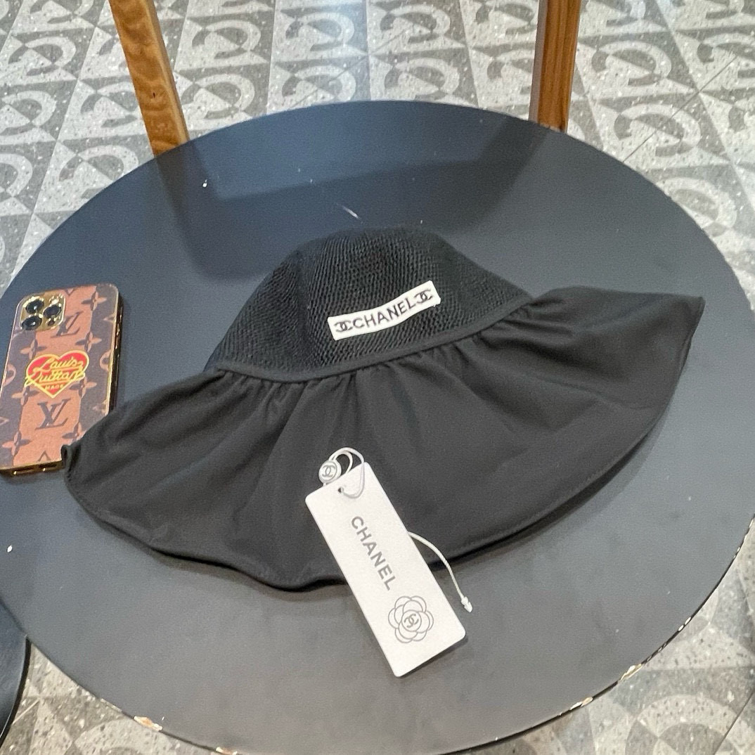  Chanel 夏季黑胶蝴蝶结遮阳帽女镂空草帽防紫外线大檐遮脸防晒太阳渔夫帽