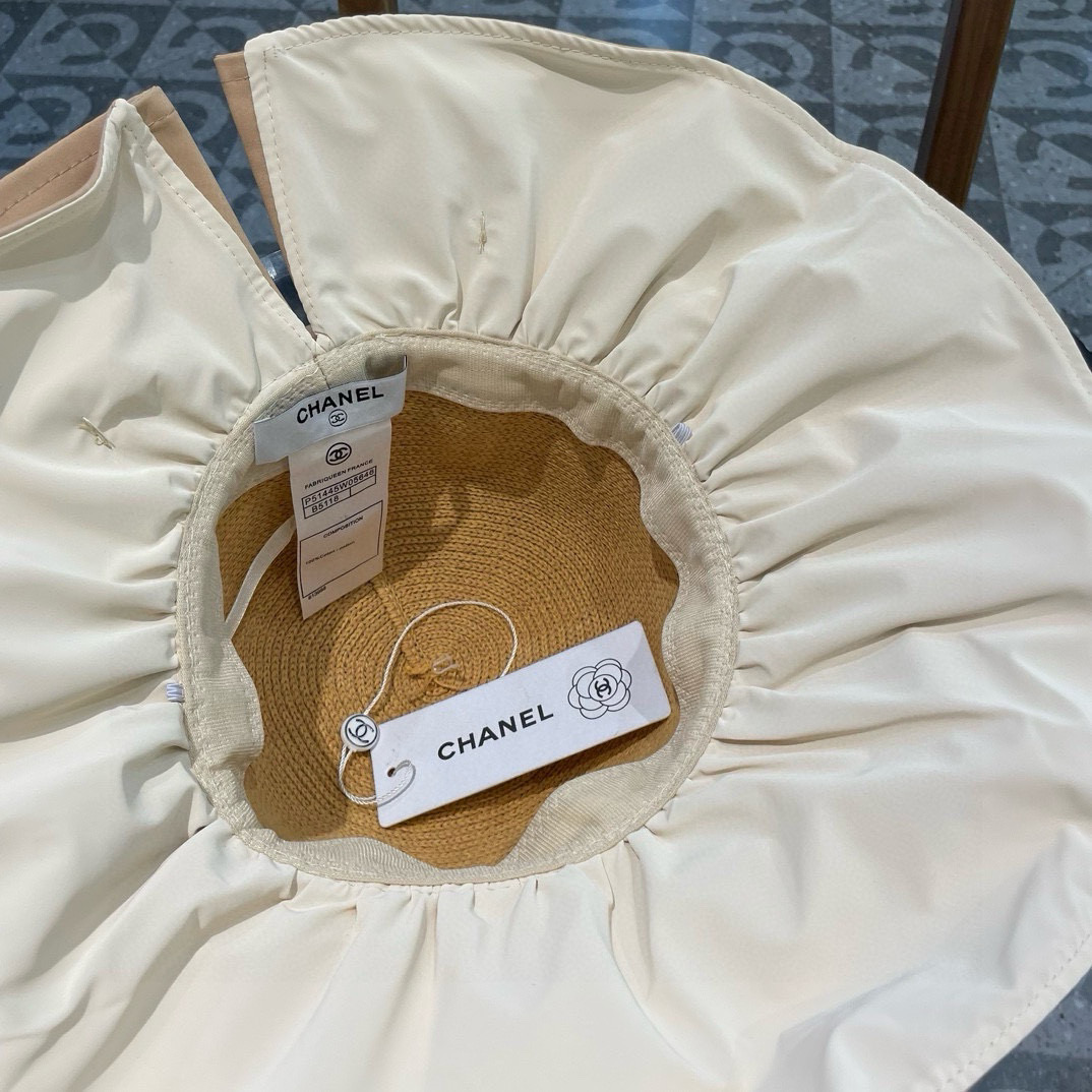  Chanel 夏季黑胶蝴蝶结遮阳帽女镂空草帽防紫外线大檐遮脸防晒太阳渔夫帽