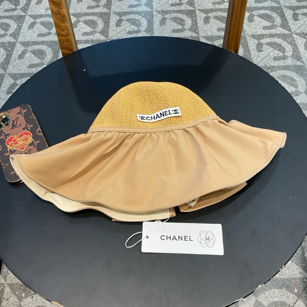  Chanel 夏季黑胶蝴蝶结遮阳帽女镂空草帽防紫外线大檐遮脸防晒太阳渔夫帽