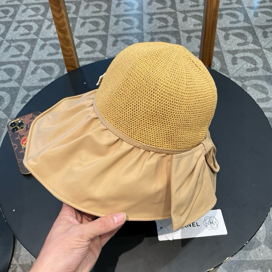  Chanel 夏季黑胶蝴蝶结遮阳帽女镂空草帽防紫外线大檐遮脸防晒太阳渔夫帽