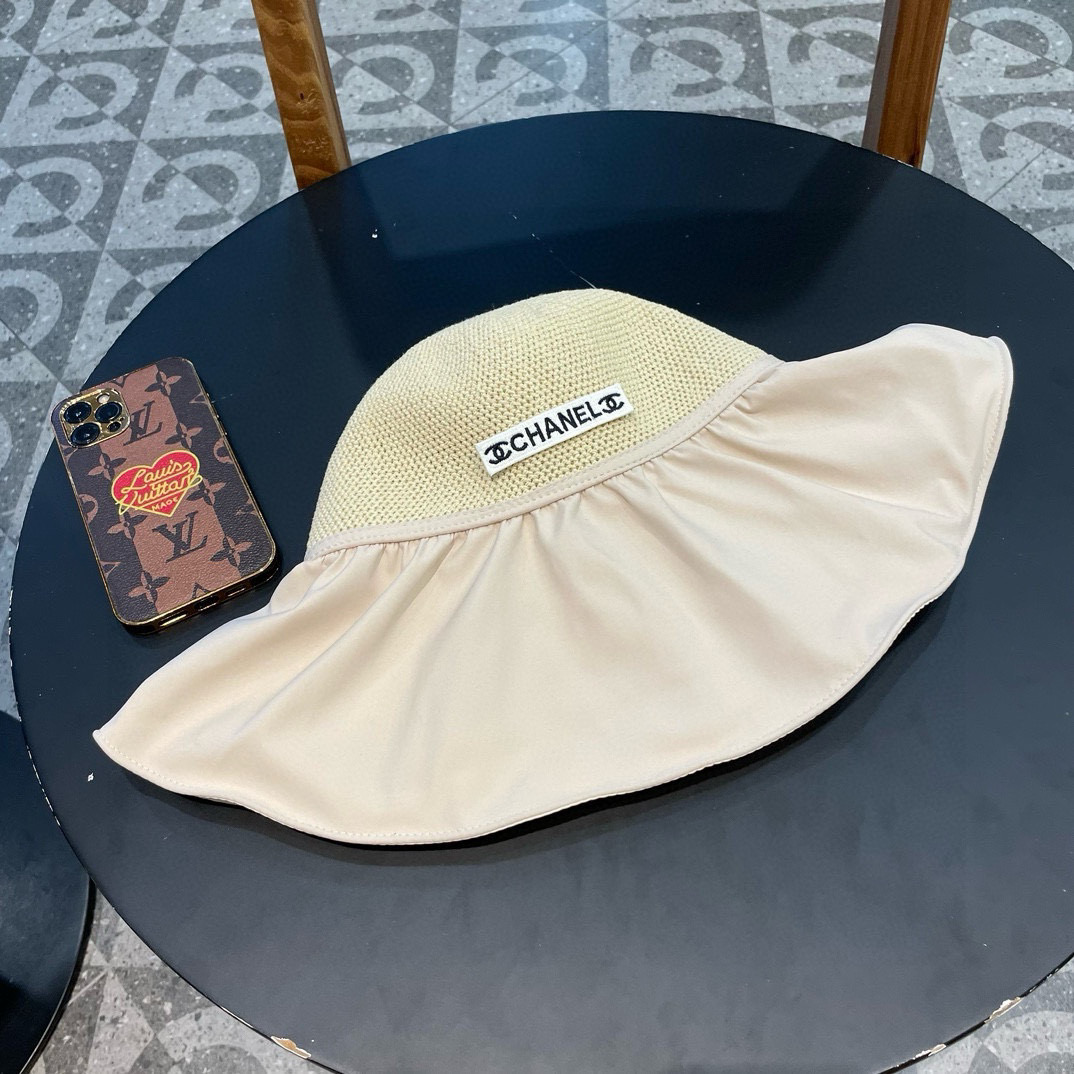  Chanel 夏季黑胶蝴蝶结遮阳帽女镂空草帽防紫外线大檐遮脸防晒太阳渔夫帽