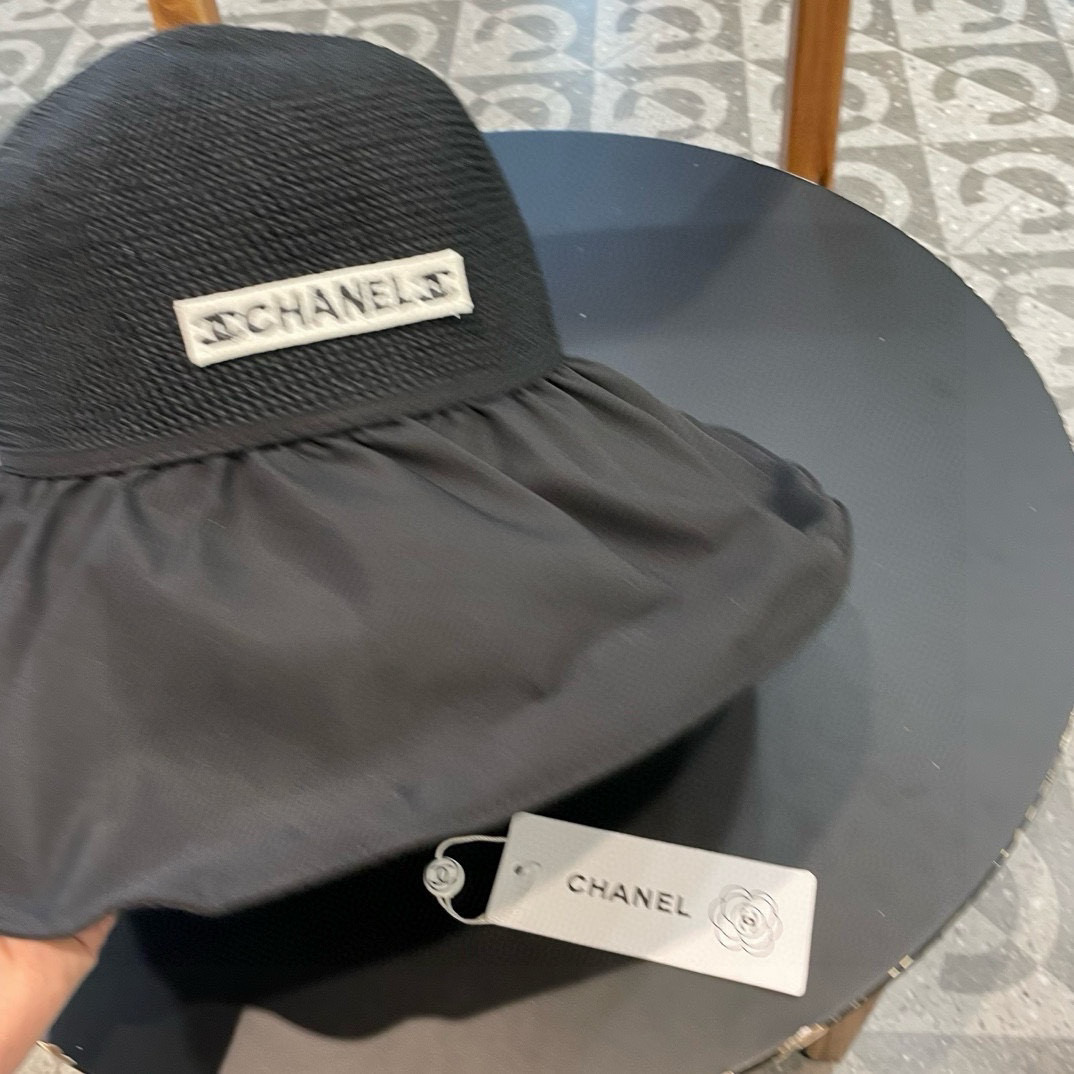  Chanel 夏季黑胶蝴蝶结遮阳帽女镂空草帽防紫外线大檐遮脸防晒太阳渔夫帽