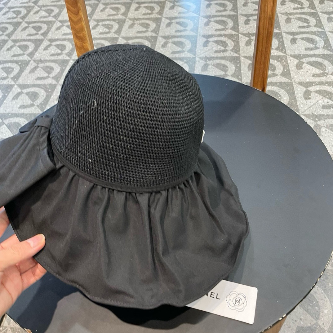  Chanel 夏季黑胶蝴蝶结遮阳帽女镂空草帽防紫外线大檐遮脸防晒太阳渔夫帽