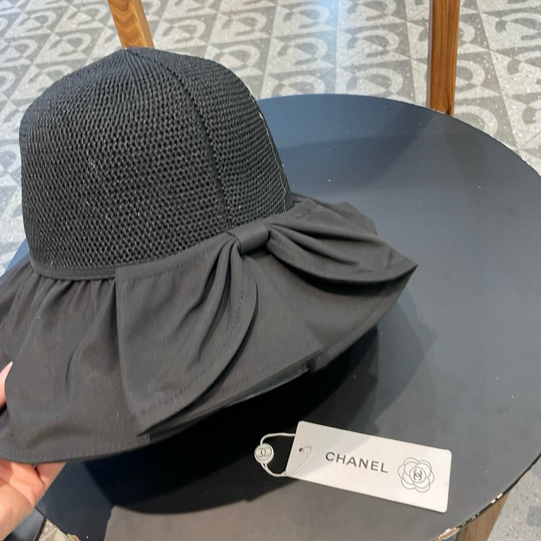  Chanel 夏季黑胶蝴蝶结遮阳帽女镂空草帽防紫外线大檐遮脸防晒太阳渔夫帽