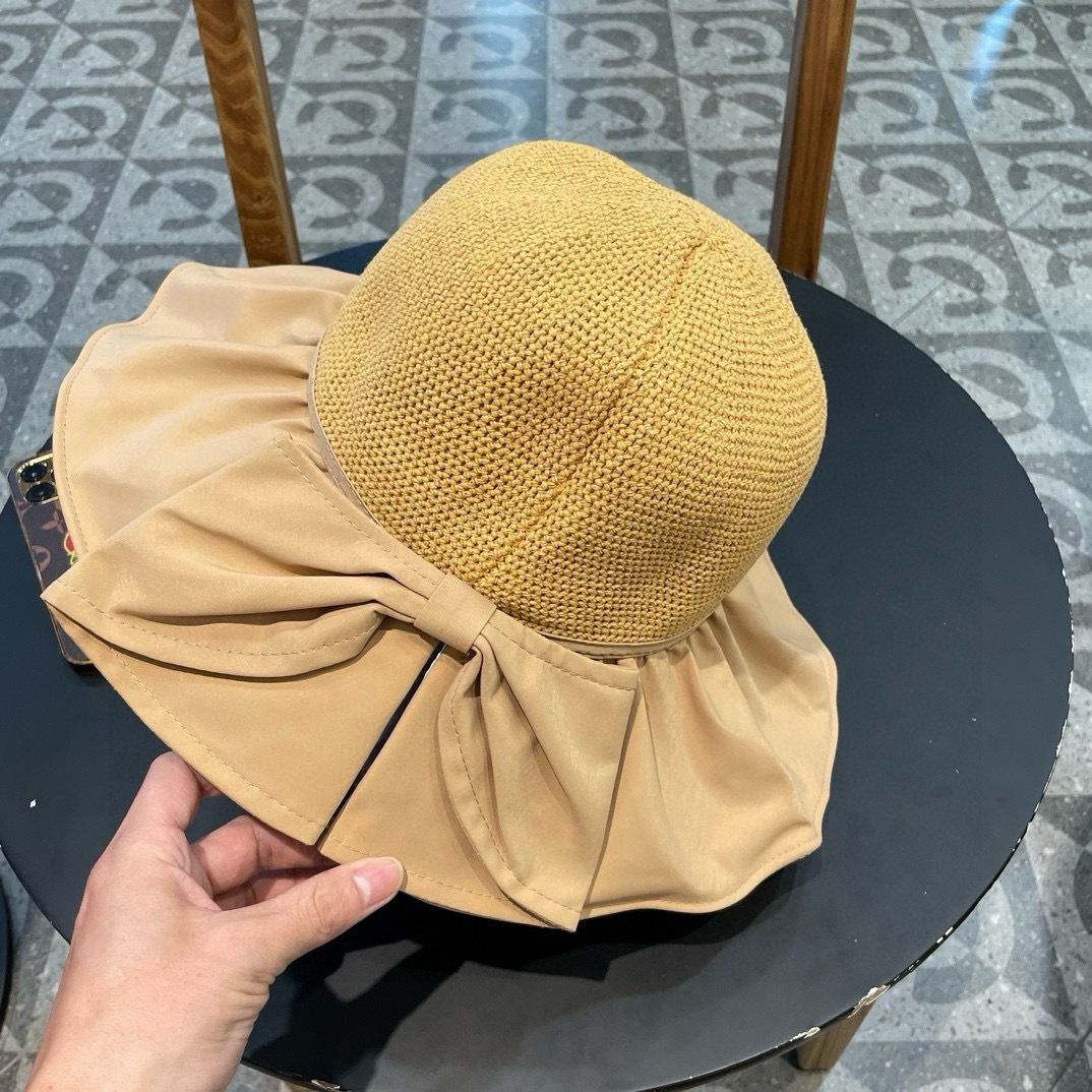  Chanel 夏季黑胶蝴蝶结遮阳帽女镂空草帽防紫外线大檐遮脸防晒太阳渔夫帽