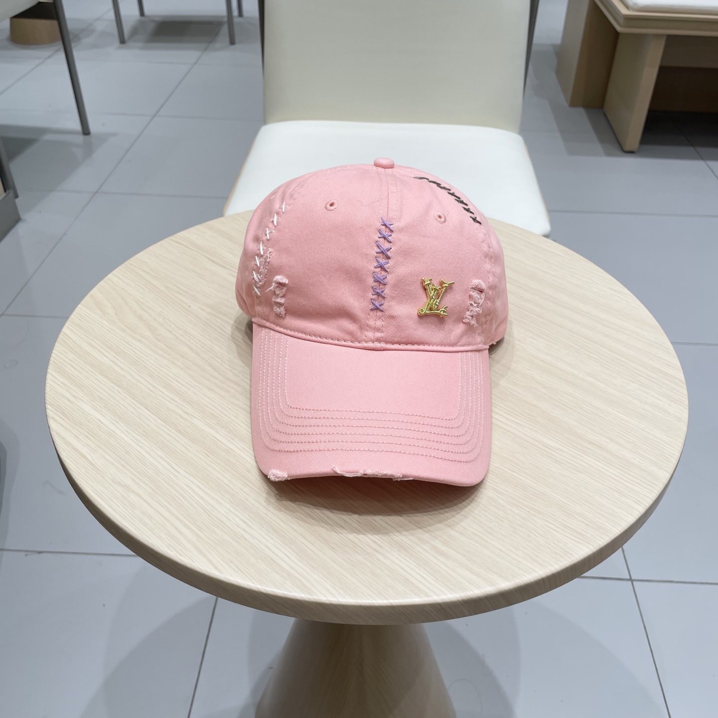 Louis Vuitton Pink Cotton Baseball Cap with Distressed Details and LV Logo