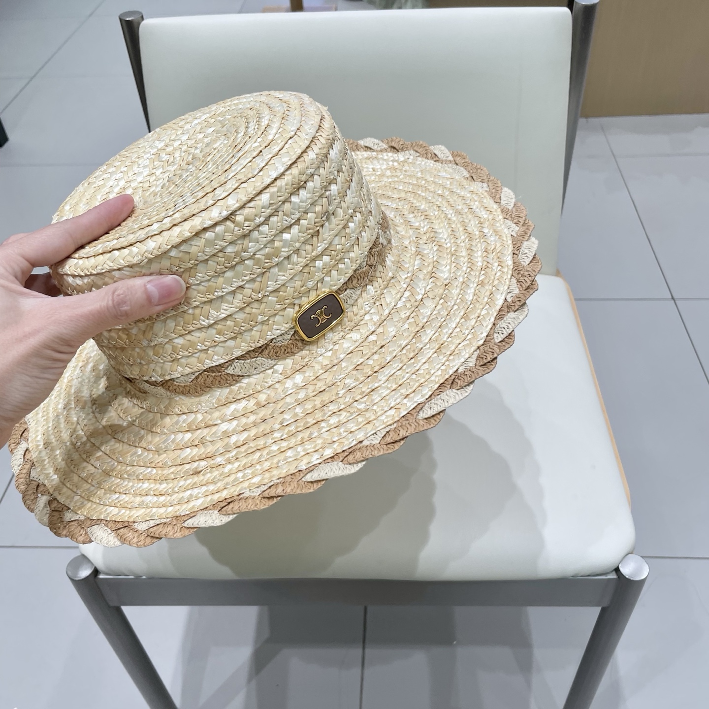  塞琳celine麦秆拼色花边草帽，头围57cm