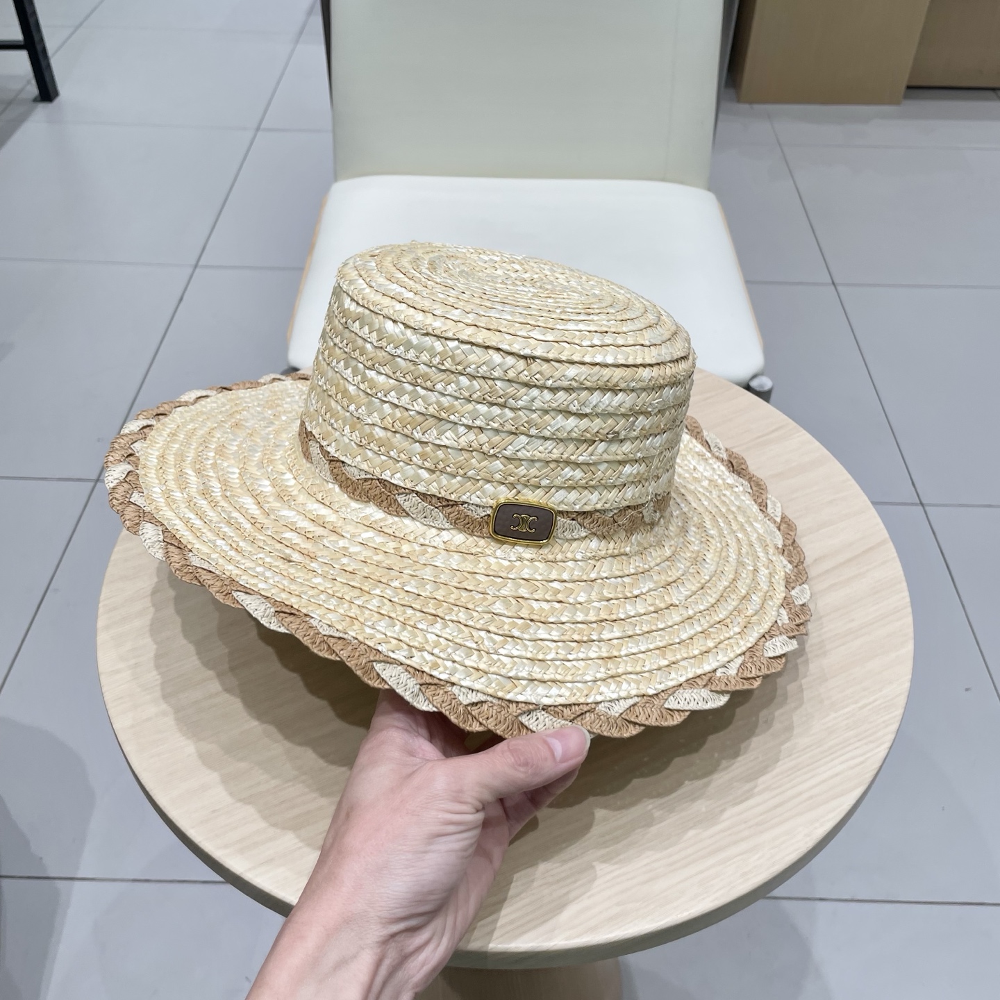  塞琳celine麦秆拼色花边草帽，头围57cm