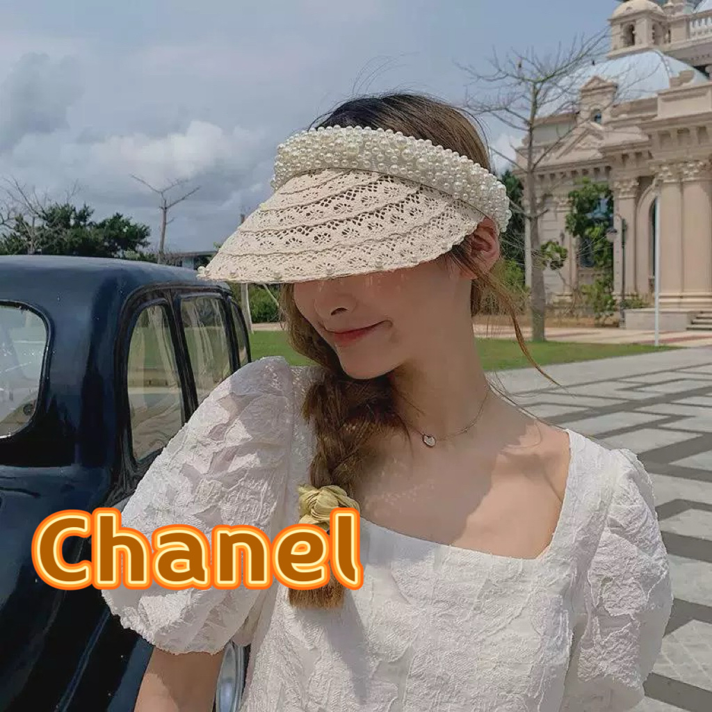  Chanel 网红ins手工珍珠遮阳草帽子夏天防晒遮阳空顶帽海边度假发夹帽潮