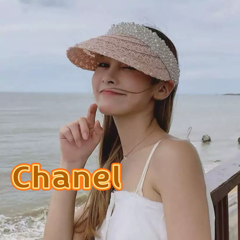  Chanel 网红ins手工珍珠遮阳草帽子夏天防晒遮阳空顶帽海边度假发夹帽潮